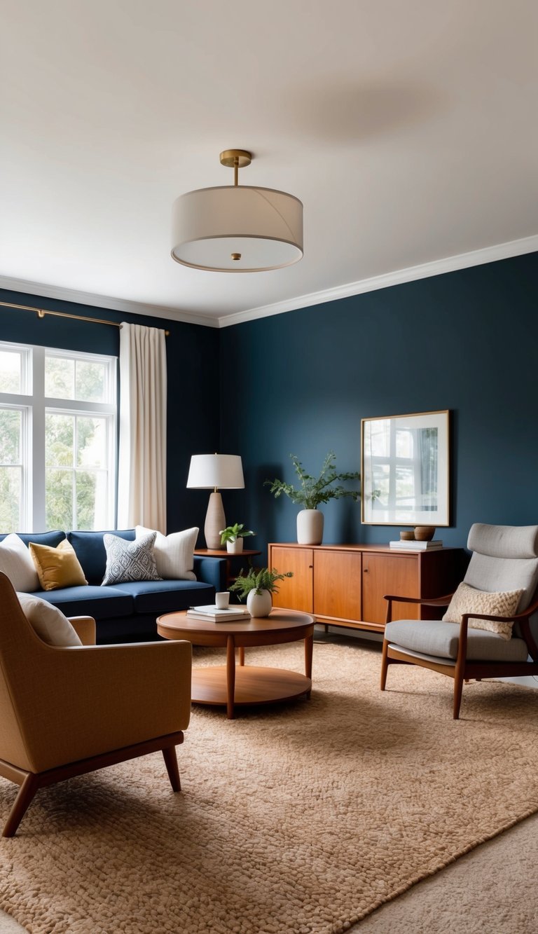 A cozy living room with deep navy blue walls and warm wooden furniture creates an inviting and relaxing atmosphere
