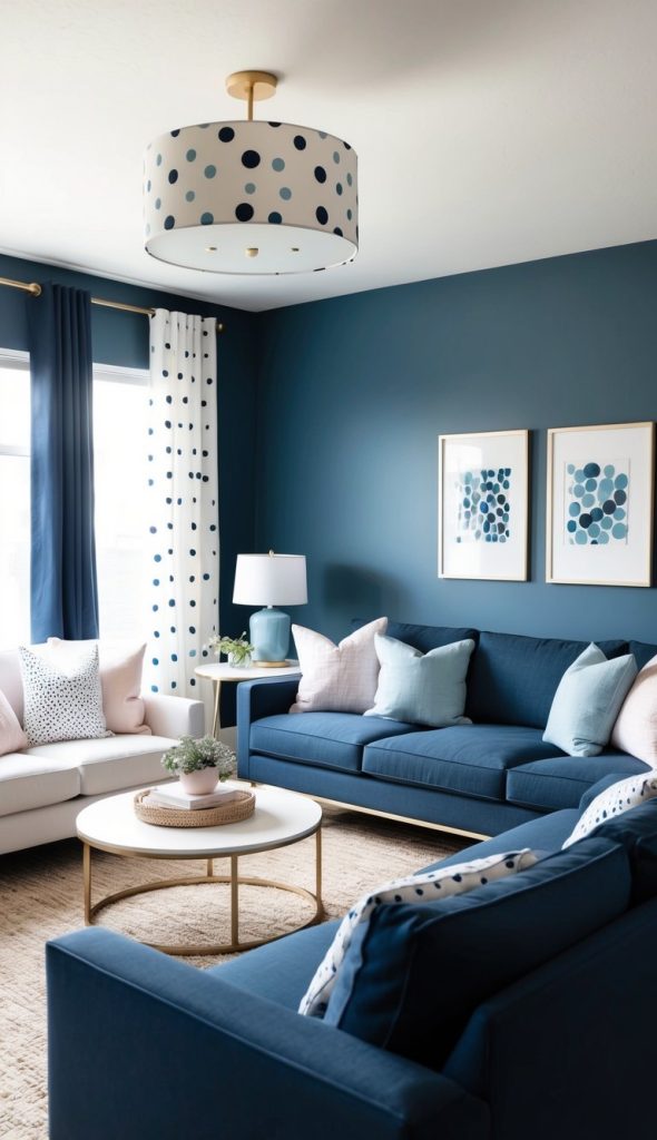 A modern living room with blue walls, two blue sofas, and a white sofa featuring pastel cushions. A white ceiling light with blue polka dots and matching curtains enhance the decor. A round coffee table with plants and framed art with circle patterns adorn the space.