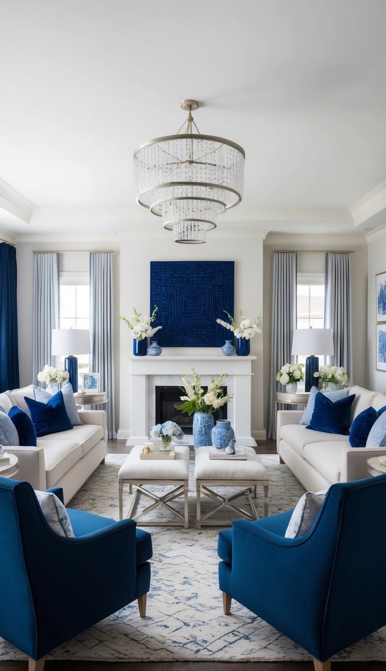 A living room adorned with blue and silver centerpieces, featuring deep navy and soft pastel accents