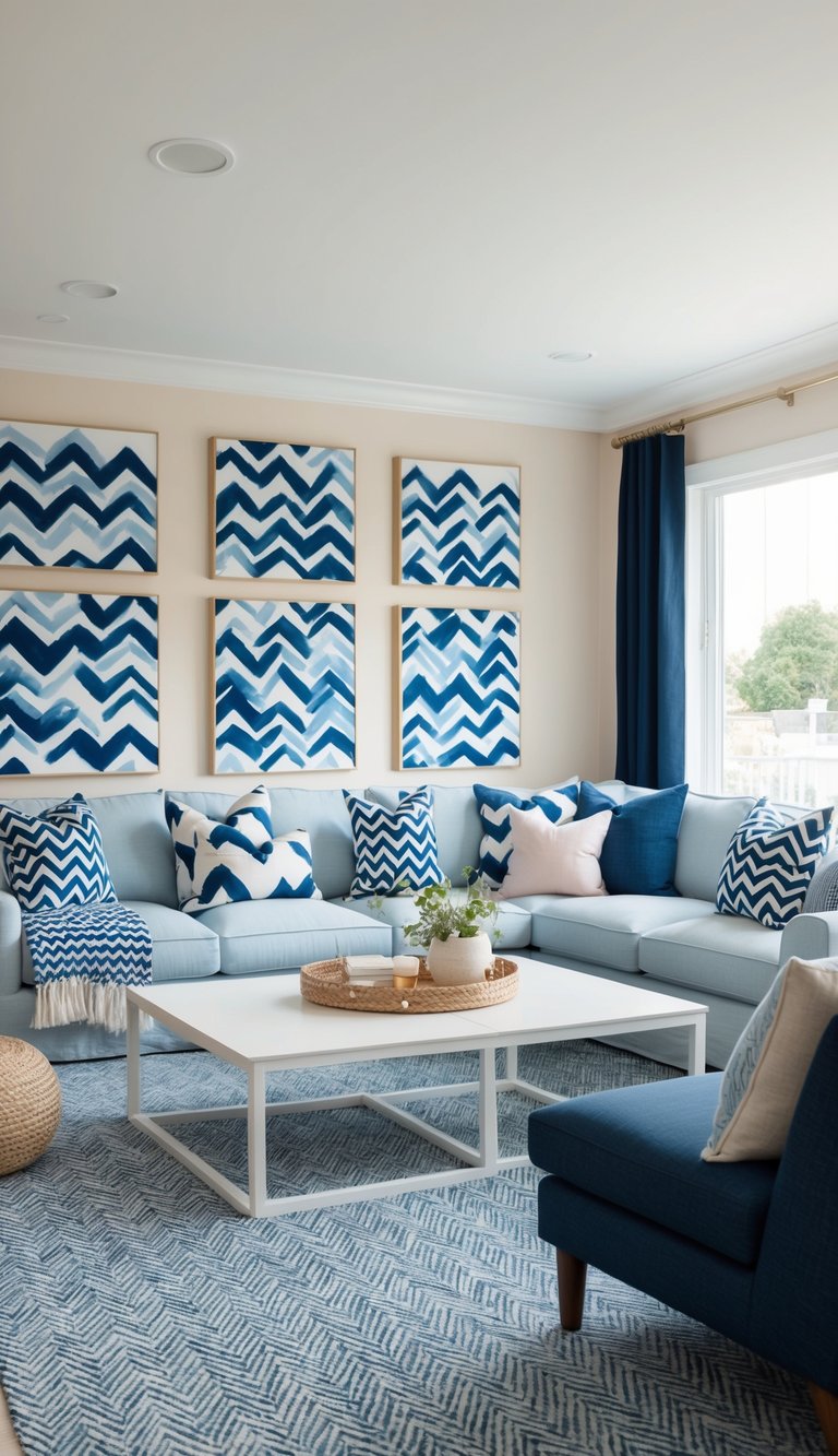 A cozy living room with blue chevron patterns, deep navy accents, and soft pastel colors creating an inviting and coastal atmosphere