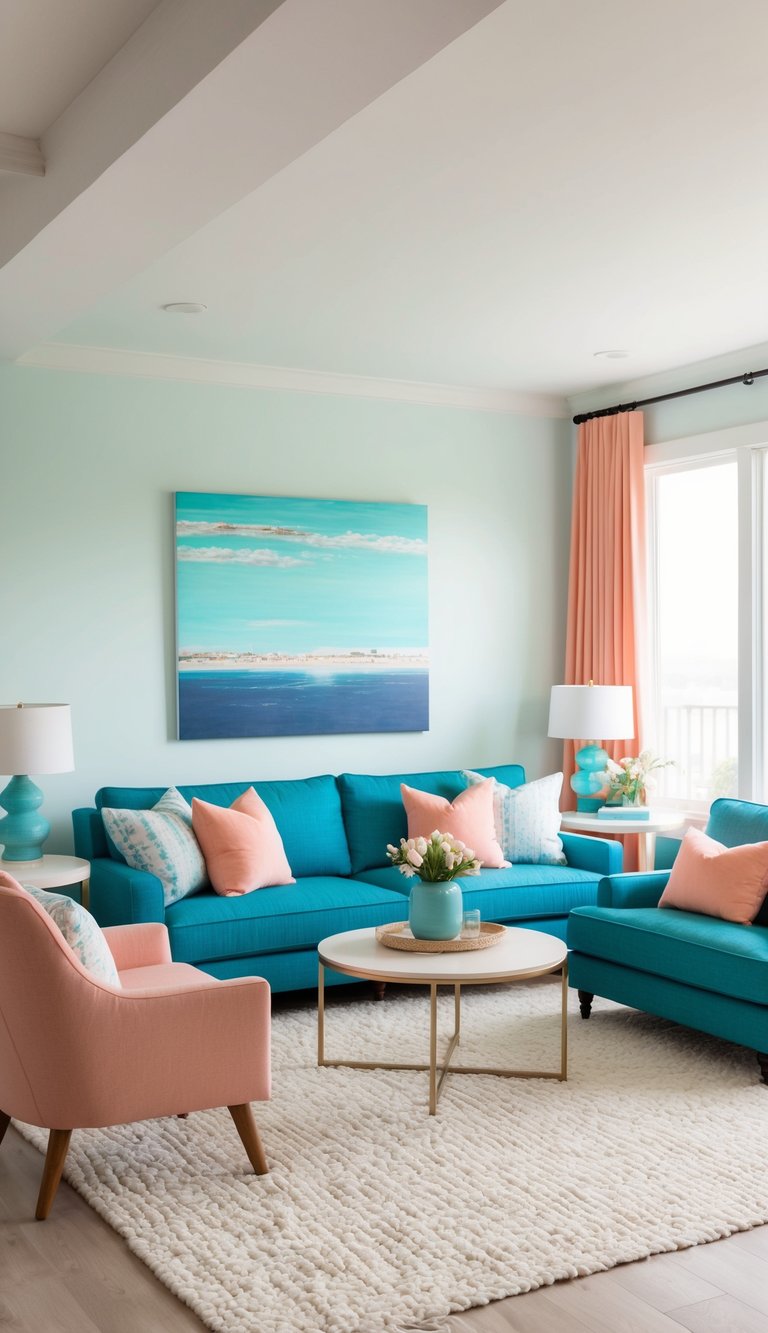 A cozy living room with turquoise and coral accents, featuring deep navy and soft pastels for a coastal vibe