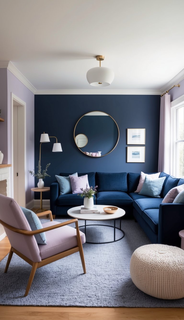 A cozy living room with deep navy and soft pastel accents, featuring fresh lilac and blue combinations