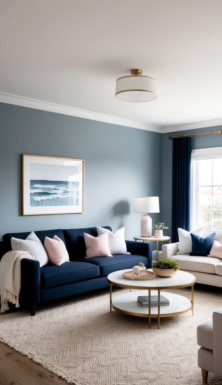 A cozy living room with deep navy and soft pastel hues, featuring coastal decor and soft textures