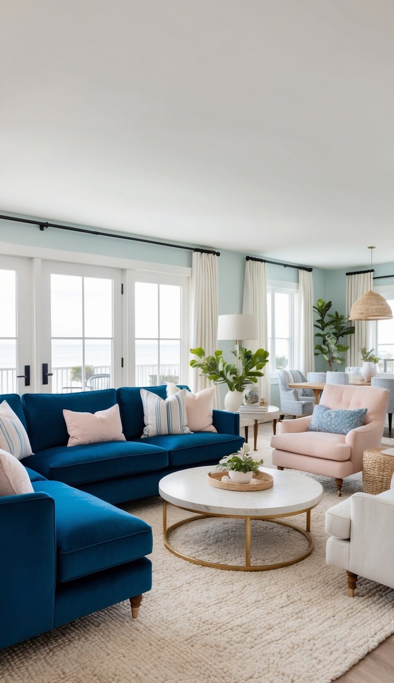 A cozy living room with deep blue velvet upholstery, soft pastel accents, and a coastal vibe