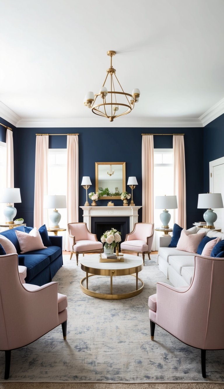 A formal living room with deep navy and soft pastel accents, highlighted by brass decor and elegant furnishings