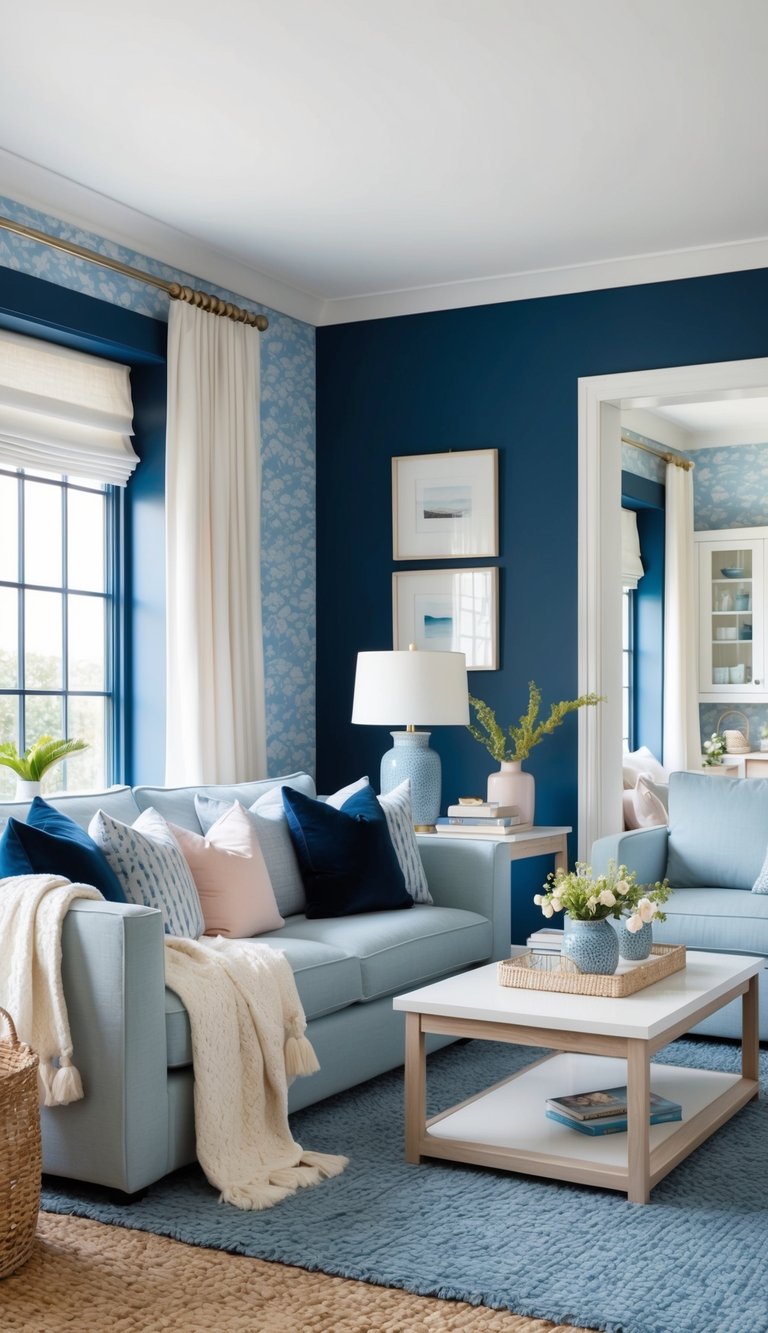 A cozy living room with sky blue wallpaper, deep navy accents, and soft pastel decor. Coastal vibes create an inviting space
