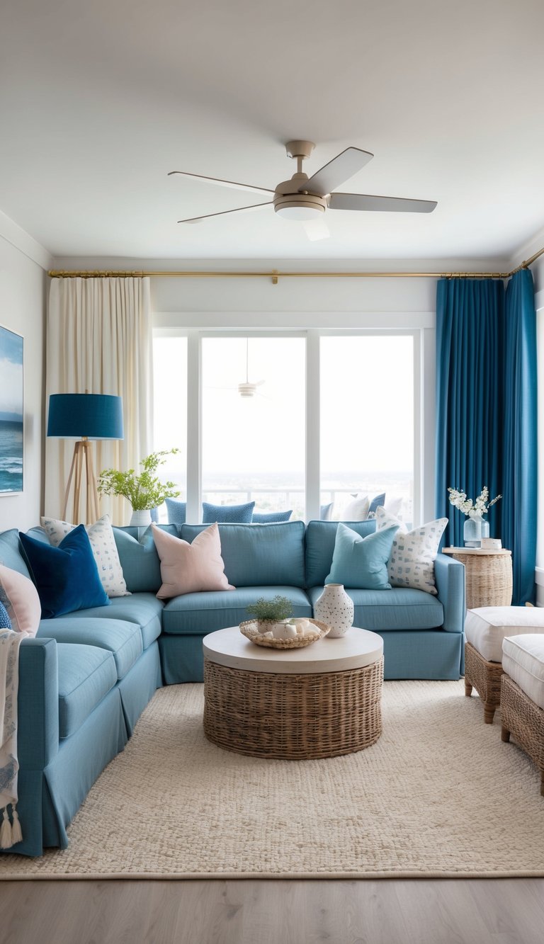 A cozy living room with deep blue accents, soft pastel tones, and coastal decor. A comfortable space that invites relaxation