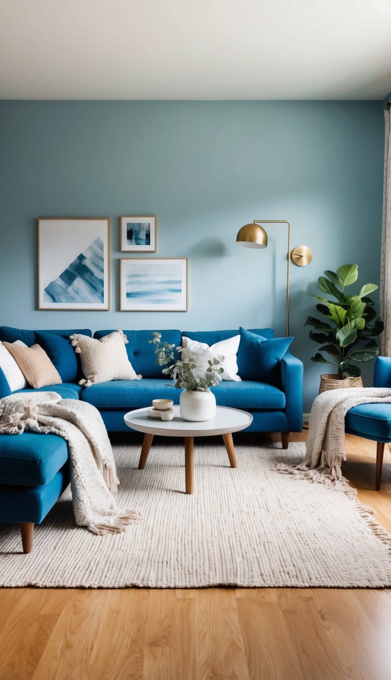 A cozy blue living room with layered throws and inviting decor