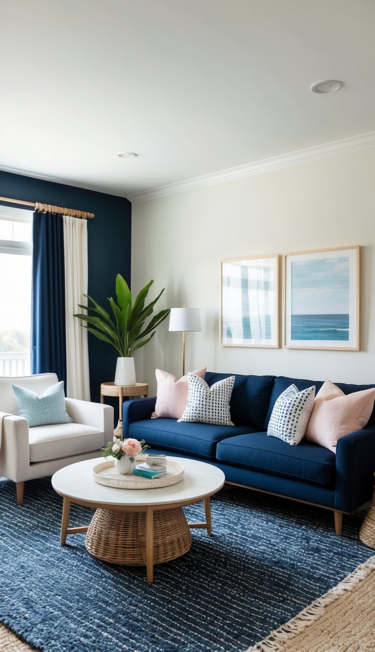 A cozy living room with deep navy and soft pastel accents, featuring modern furniture and a touch of coastal decor