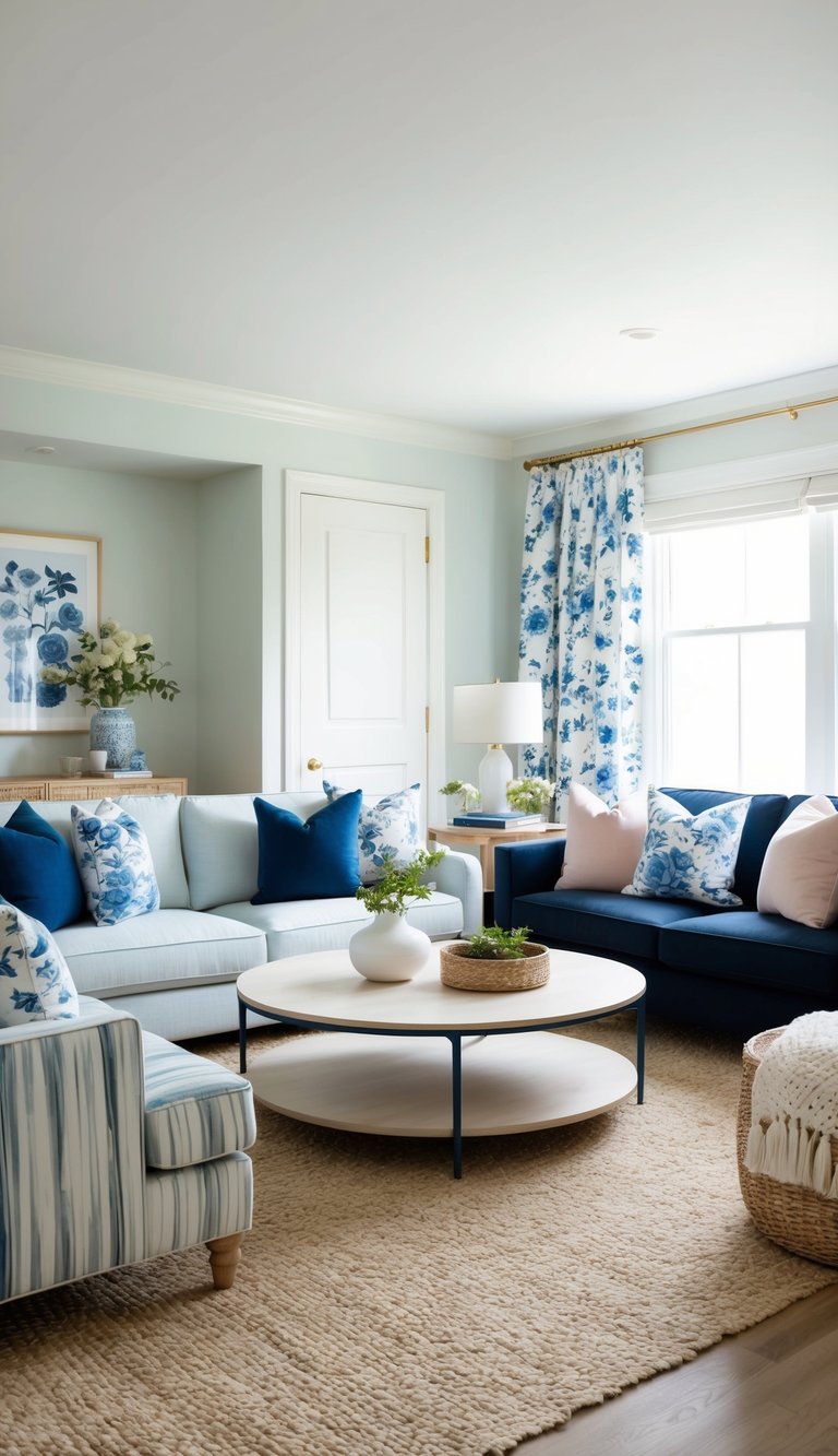A cozy living room with blue floral prints, deep navy accents, and soft pastel hues, creating a natural and inviting charm