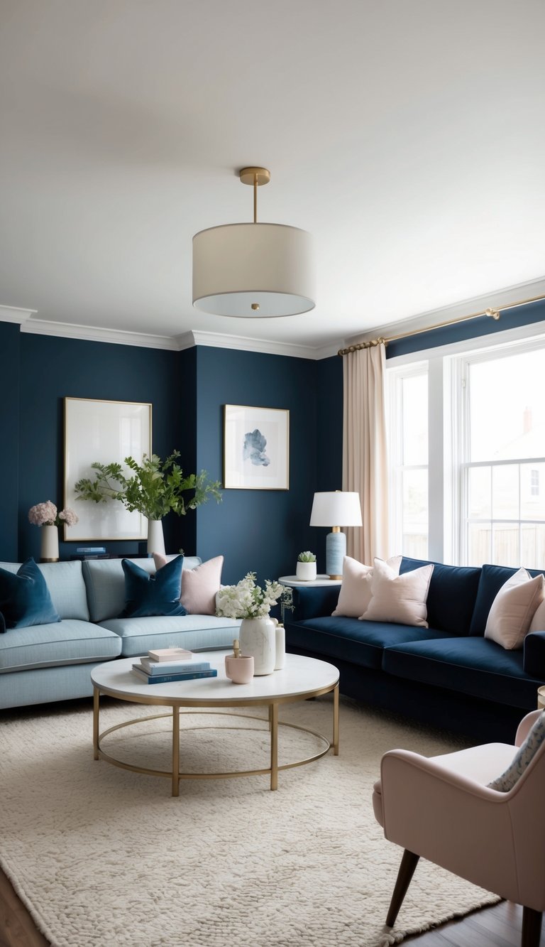 A cozy living room with deep navy and soft pastel accents, featuring a blend of sophisticated blue and ivory tones