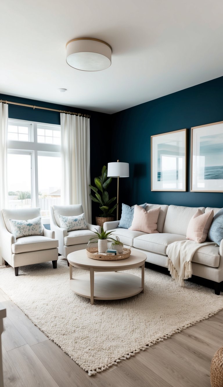 A cozy living room with deep midnight blue accent walls, soft pastel decor, and coastal accents