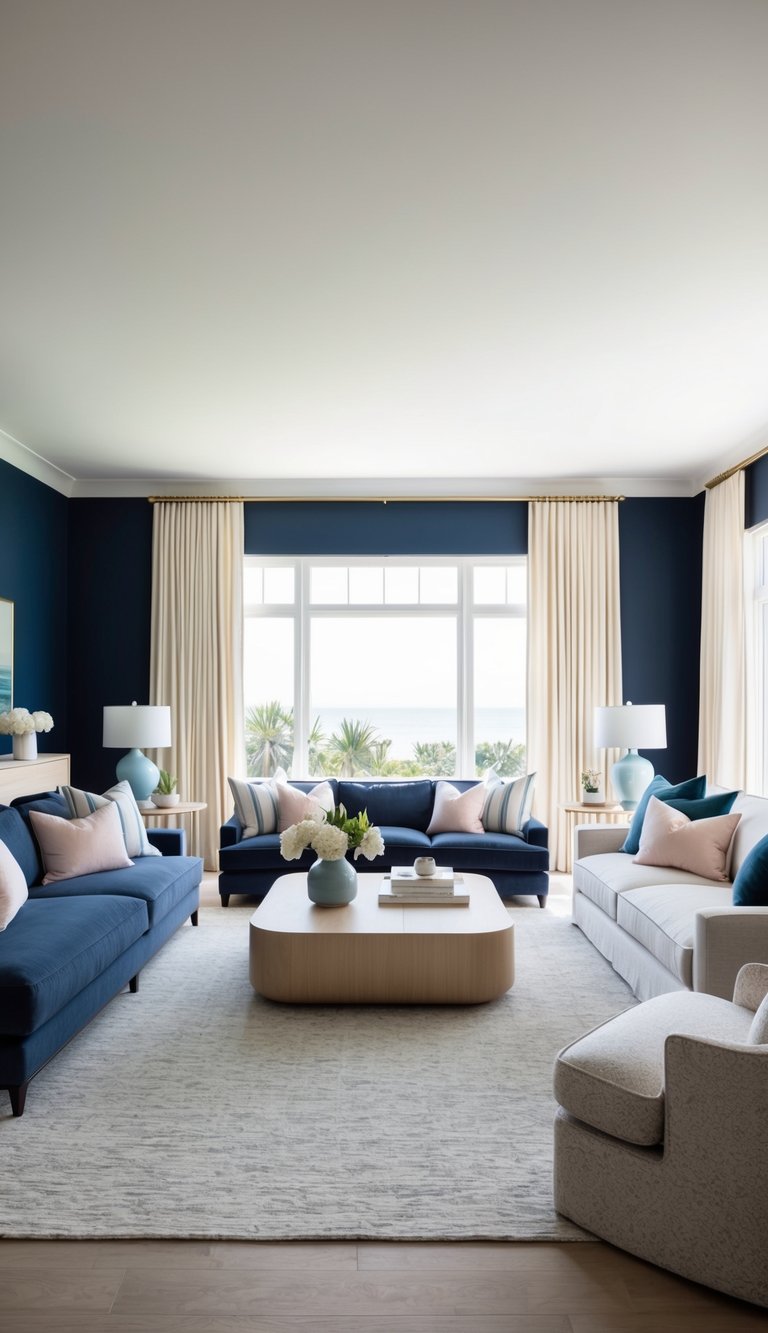 A spacious living room with deep navy accents, soft pastel hues, and a coastal vibe