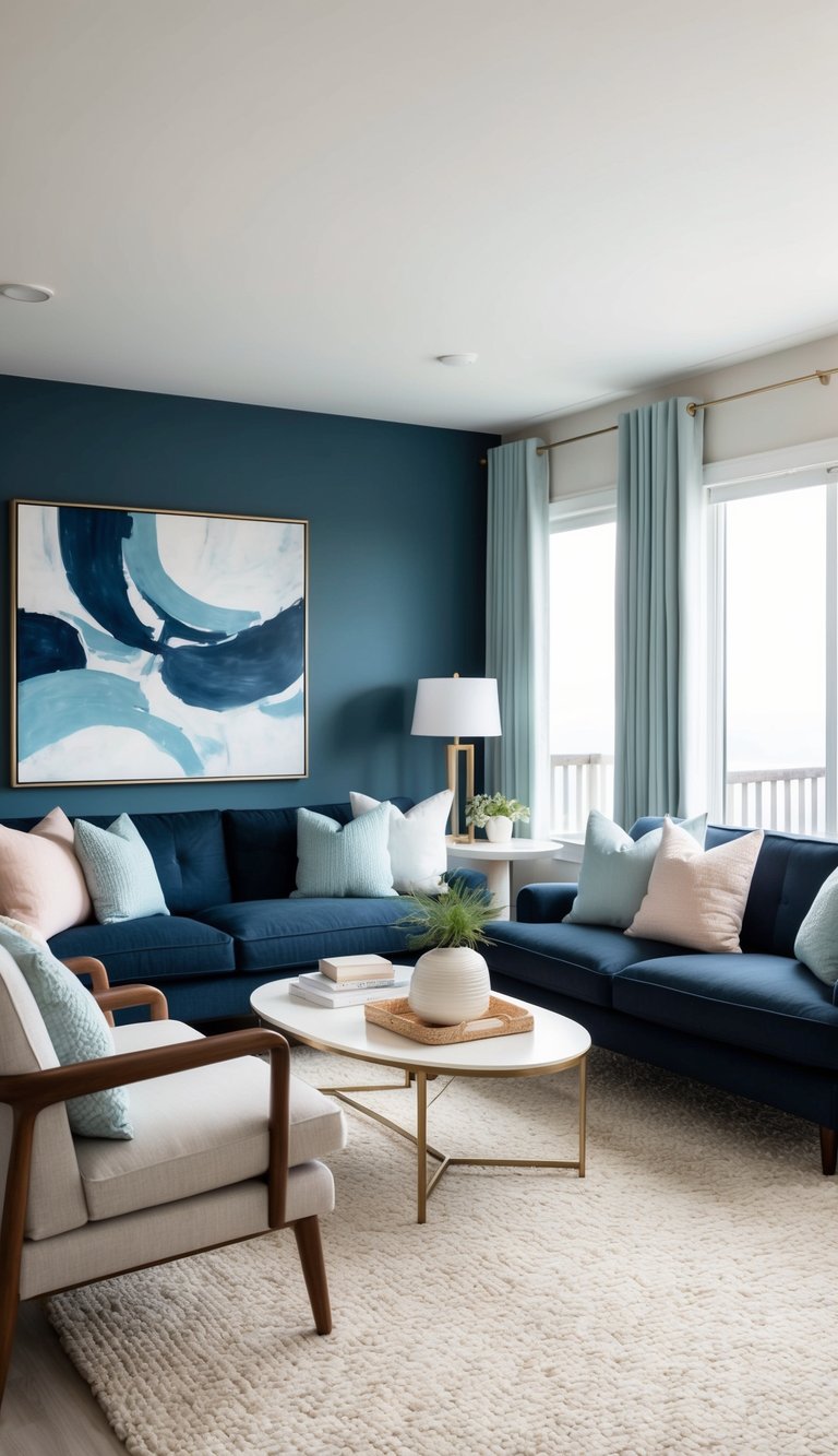 A cozy living room with deep navy and soft pastel blue accents, abstract art on the walls, and a coastal vibe