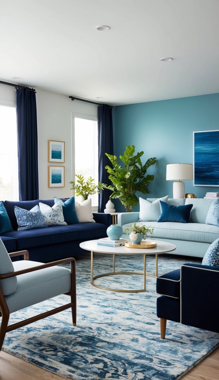 A modern living room with cool sapphire hues, featuring deep navy, soft pastels, and coastal blue accents
