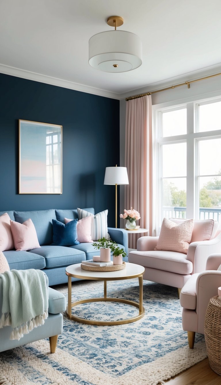 A cozy living room with sky blue and light pink accents, featuring deep navy and soft pastel decor