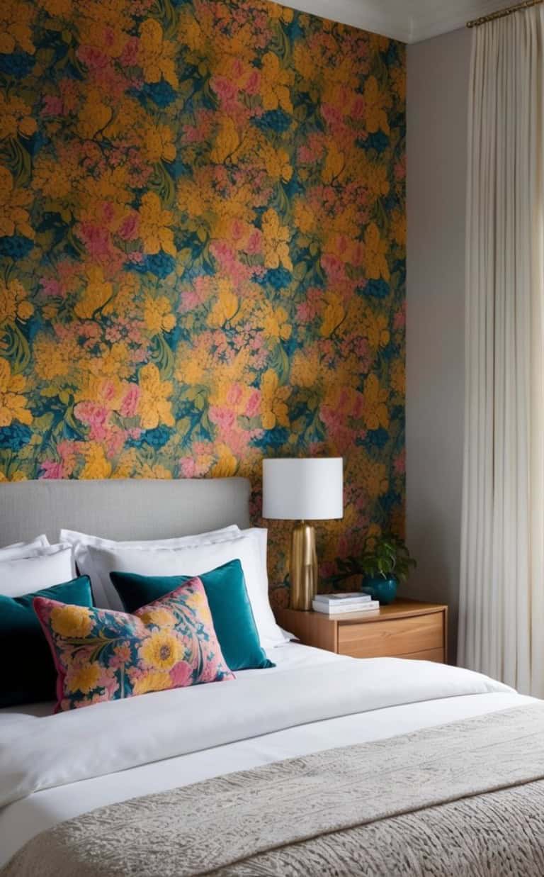 A bedroom featuring a bold floral wallpaper with yellow and pink flowers, a bed with white linens and vibrant pillows, a wooden nightstand with a brass lamp, and sheer white curtains.