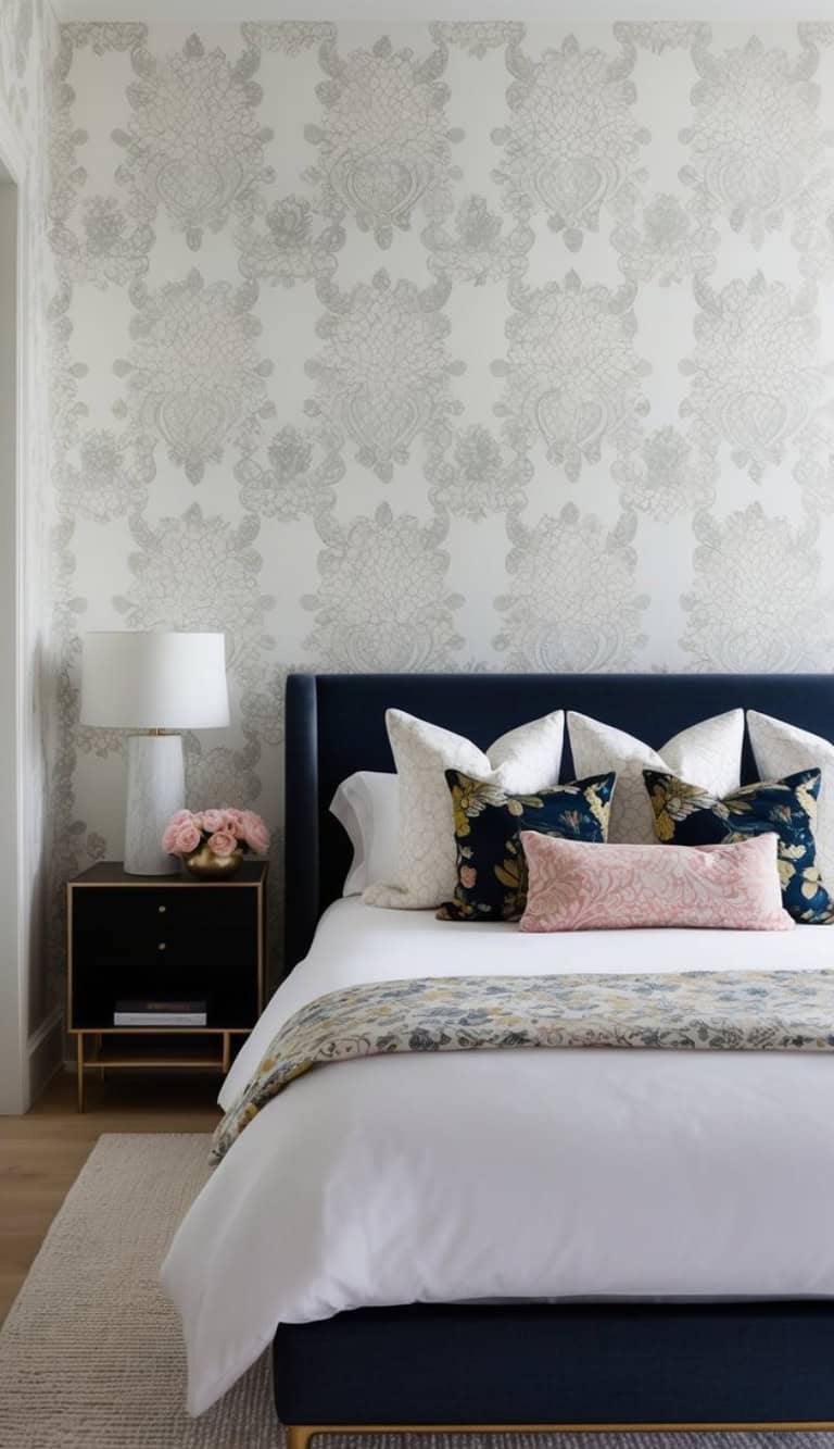 A stylish bedroom featuring a dark blue headboard with multiple decorative pillows, including floral patterns and a pink cushion. The bed is covered with a white duvet and a floral patterned throw. Beside the bed is a black and gold nightstand with a white lamp and pink flowers. The room has elegant wallpaper with intricate patterns.