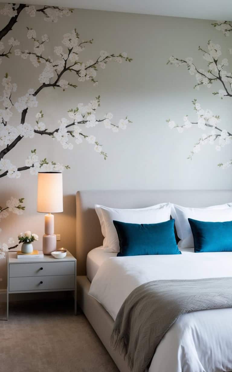 A bedroom with a light gray upholstered bed, white bedding, and teal accent pillows. A bedside table holds a pink lamp and a small white vase of flowers. The wall features a decorative mural of blossoming cherry tree branches.