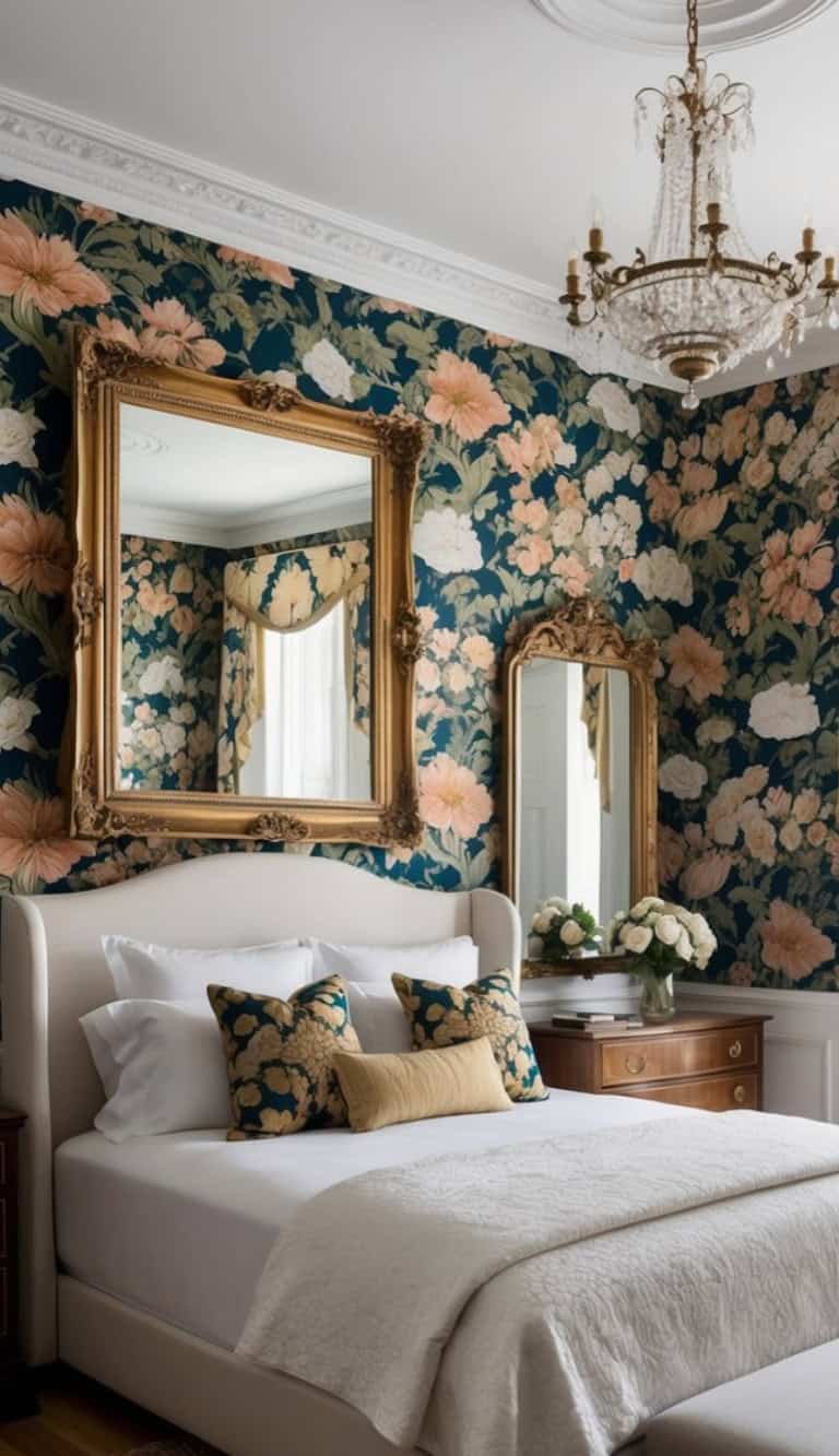 A beautifully decorated bedroom featuring a bed with white bedding and decorative throw pillows in a floral pattern. The walls are adorned with floral wallpaper in blue and peach tones, complemented by ornate gold-framed mirrors. A chandelier hangs from the ceiling, and there is a wooden nightstand with a vase of flowers beside the bed.