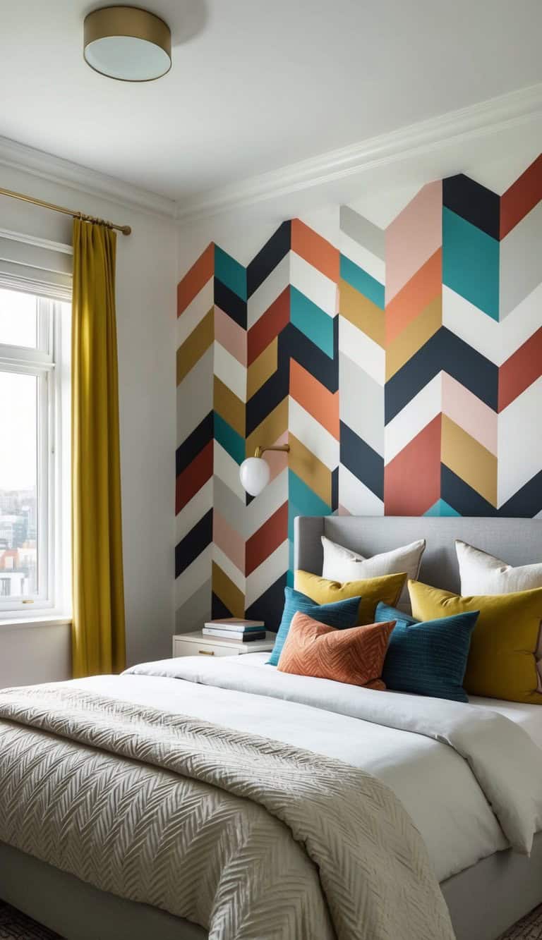 A bedroom with a colorful chevron-patterned accent wall in shades of blue, orange, yellow, and white. The bed is made with neutral bedding and features several colorful pillows, matching the wall colors. A window with yellow curtains is on the left, and a modern wall sconce is mounted above a bedside table with books.