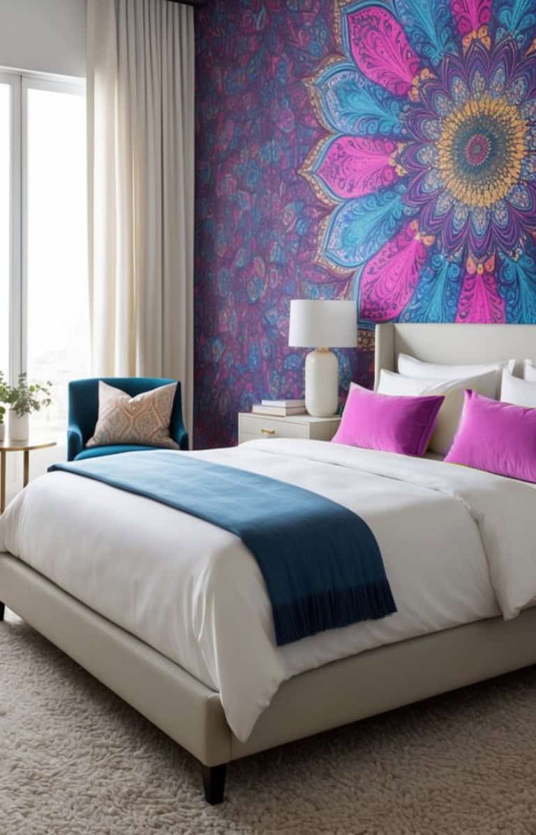 A stylish bedroom featuring a bed with white bedding and a blue throw, pink accent pillows, and a prominent blue and pink mandala design on the feature wall. A beige carpet covers the floor, and a blue armchair with a decorative pillow sits near a window with white curtains.