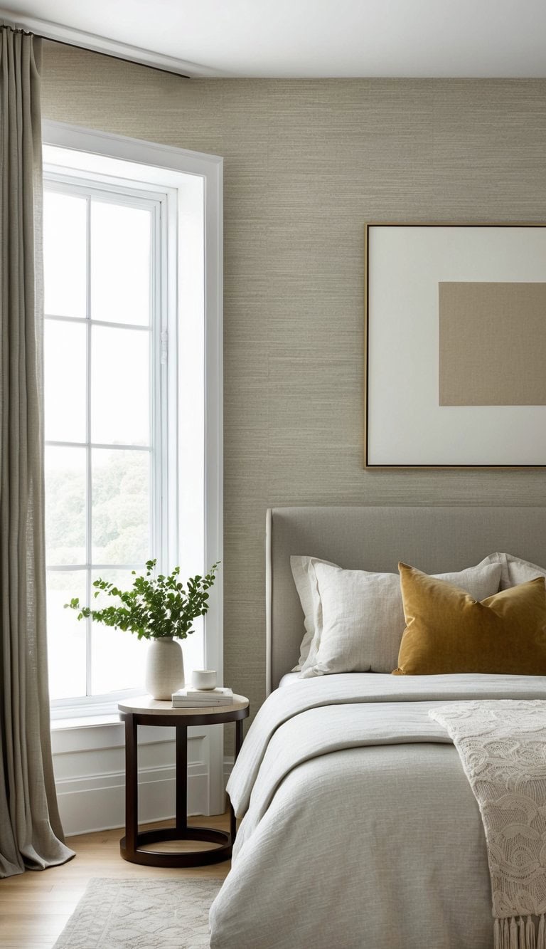 A serene bedroom featuring a bed with neutral-colored bedding and a mustard accent pillow, positioned next to a window with gray curtains. A small round side table with a plant is beside the bed, and a geometric artwork hangs on the wall.