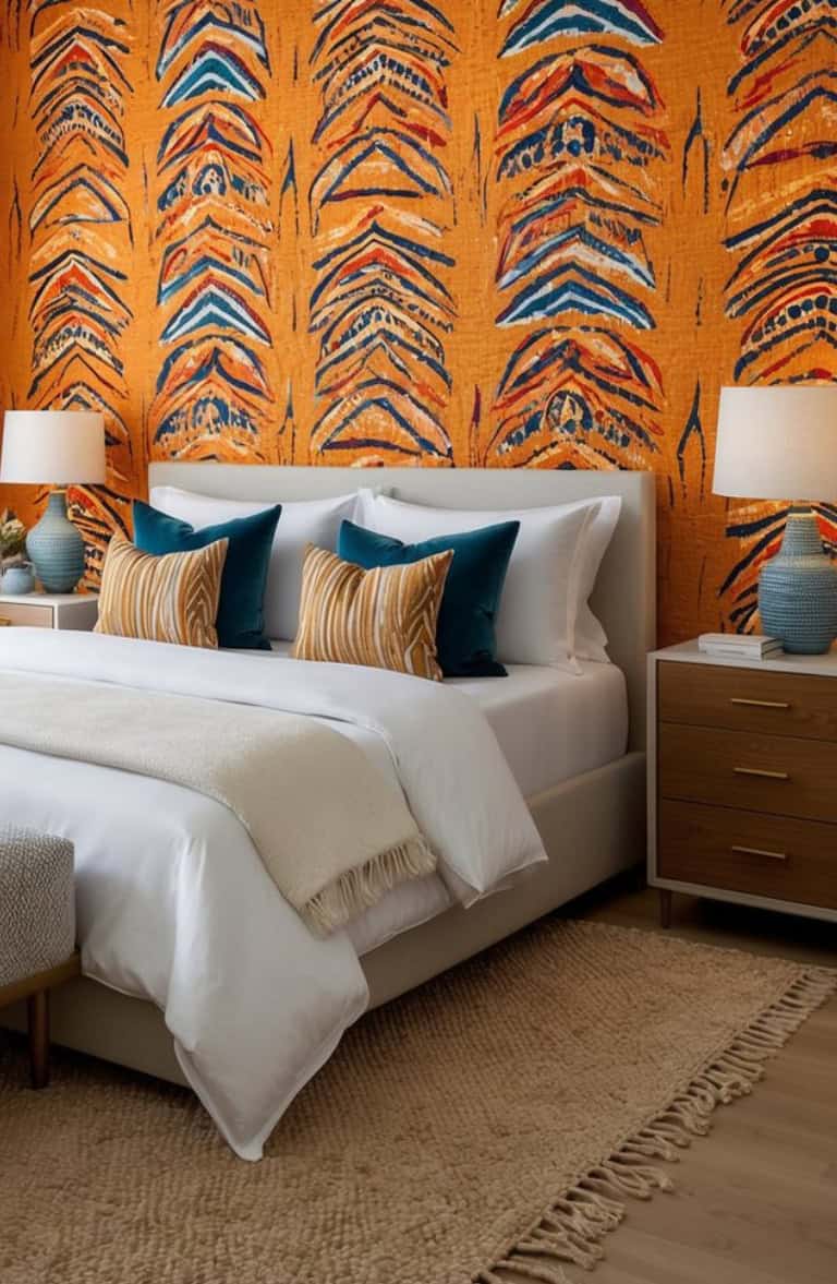 Bedroom with a bed featuring white linens and teal and gold pillows, against a vibrant orange wall with abstract patterns. Two bedside tables with matching blue lamps flank the bed.