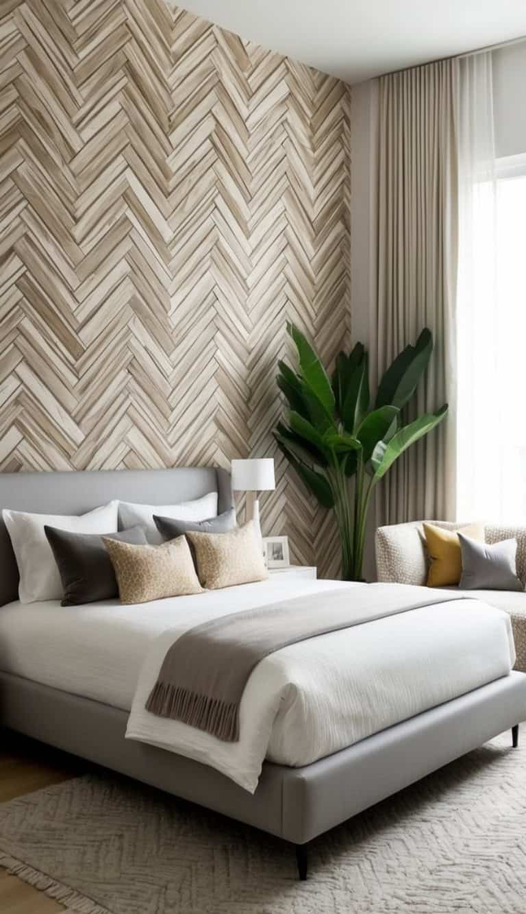 Modern bedroom with a gray upholstered bed, various decorative pillows, a plant, and a herringbone-patterned accent wall.