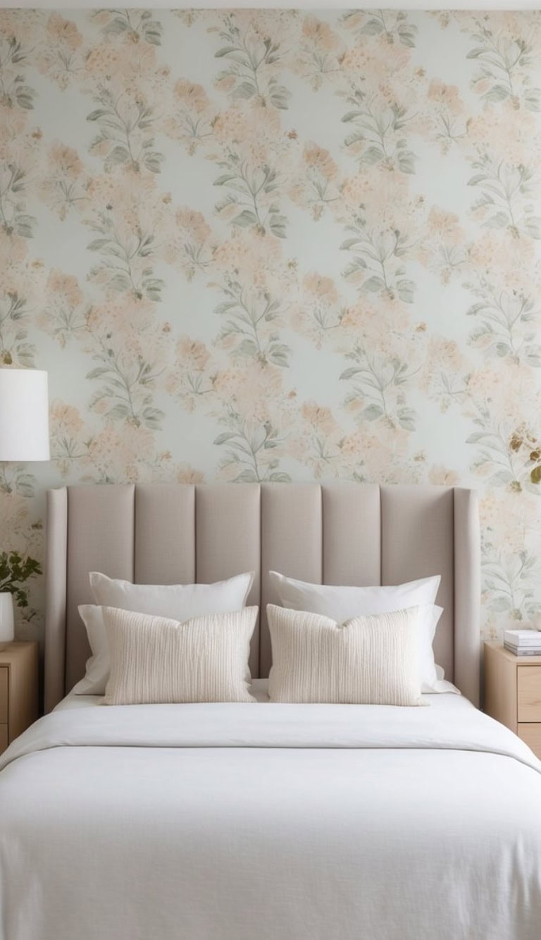 A bedroom featuring a bed with a beige tufted headboard, white bedding, and two beige pillows. The wall behind is decorated with soft floral wallpaper in pastel colors. There is a nightstand on each side of the bed with a lamp and decorative items.