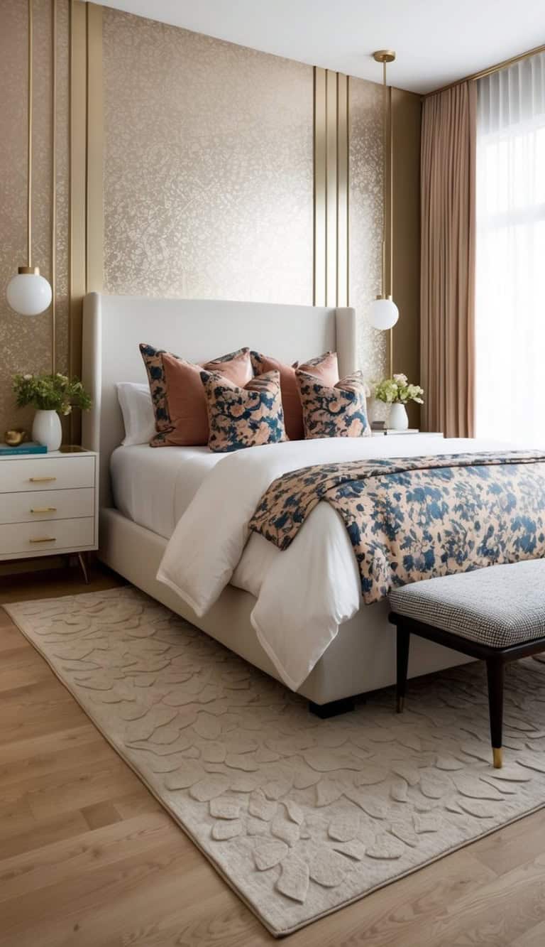 Elegant bedroom with a beige upholstered bed, adorned with floral patterned pillows and a matching throw blanket. Two pendant lights hang on either side, above white nightstands with golden handles. A textured rug and a cushioned bench sit at the foot of the bed. The walls feature a sophisticated gold tone with vertical trim accents.