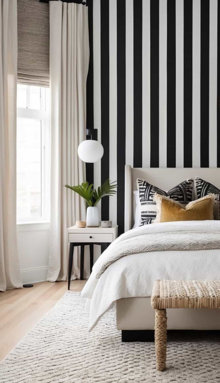 A modern bedroom with black and white vertical striped walls, featuring a bed with white bedding, patterned pillows, and a wooden bench at the foot. A bedside table with a plant, candle, and round lamp sits next to the bed. The room has light wood flooring and a large window with sheer curtains.