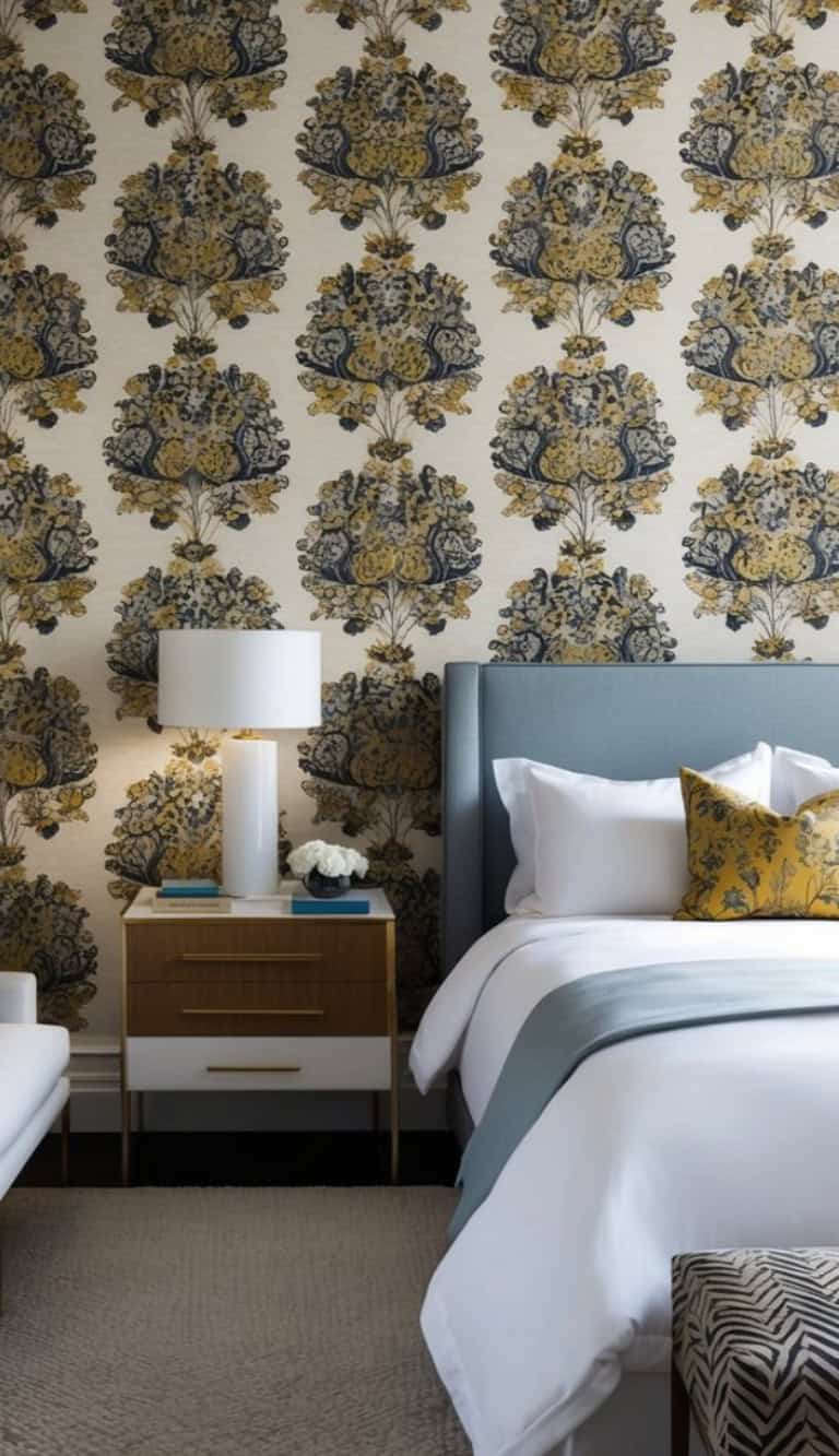 A modern bedroom with a patterned wallpaper featuring floral designs in blue and yellow. The room includes a bed with a grey headboard, white bedding, a yellow decorative pillow, and a blue blanket. Beside the bed is a wooden nightstand with a white and gold lamp, and a small decorative plant. A patterned ottoman sits at the foot of the bed on a textured carpet.