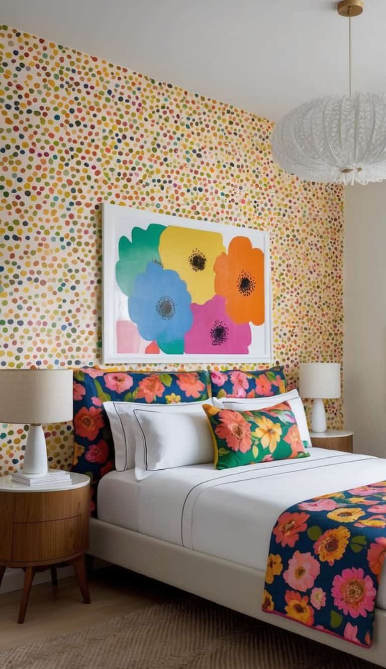 A bedroom with colorful polka dot wallpaper and a floral-patterned bedspread, featuring a large artwork of colorful abstract flowers above the bed. There are two lamps on wooden side tables flanking the bed, and a textured white ceiling light fixture overhead.