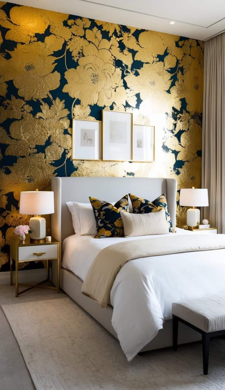 A luxurious bedroom with a neutral-colored bed featuring large pillows, set against a striking wall covered in gold floral-patterned wallpaper. The room is accentuated by two bedside tables with lamps, a plush bench at the foot of the bed, and framed artwork on the wall.