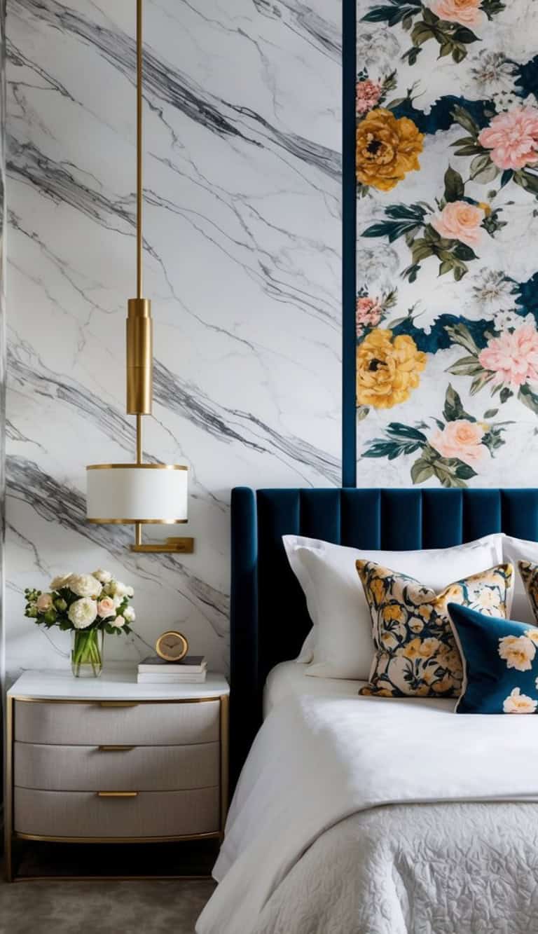 A stylish bedroom interior with a marble-patterned wall, a floral accent panel, and a plush blue headboard. The bedside table holds a vase with flowers, a small clock, and books, adjacent to a white and gold hanging lamp. The bed is adorned with white linens and decorative pillows featuring floral designs.