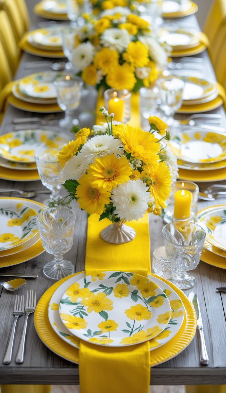A dining table elegantly set for a celebration with a yellow and white theme. The table features yellow floral-patterned plates, yellow napkins, crystal glasses, and a centerpiece of yellow and white flowers. Yellow candles and matching decor complete the vibrant setup.