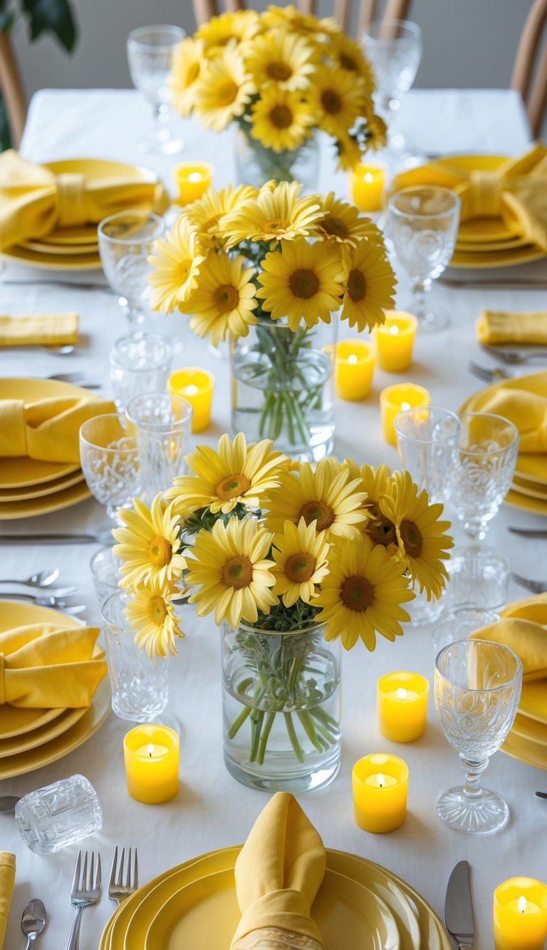 A table setting featuring bright yellow gerbera daisy centerpieces in glass vases, surrounded by yellow napkins, plates, and lit yellow candles, with crystal glasses and silverware on a white tablecloth.
