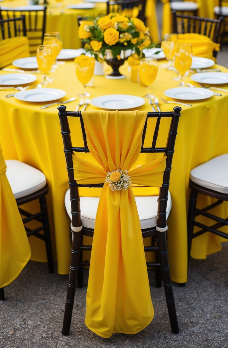 An elegantly decorated table with a yellow theme, featuring a black chair with a yellow sash tied in a bow and adorned with a small floral arrangement. The round table is covered with a yellow tablecloth and set with white plates, cutlery, and yellow goblets. A centerpiece of yellow flowers completes the setting.