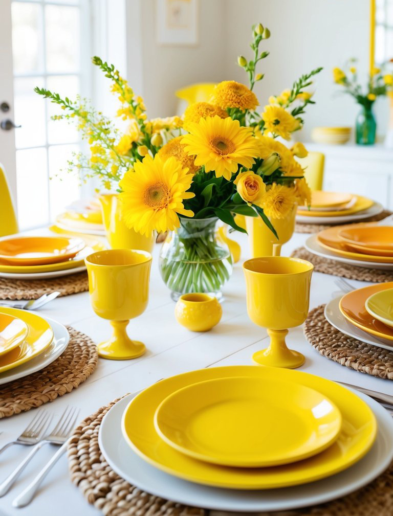 A dining table set with bright yellow ceramic dishes on white plates, surrounded by rattan placemats. Yellow goblets and a vase with yellow daisies and marigolds serve as a centerpiece, creating a cheerful and vibrant atmosphere.