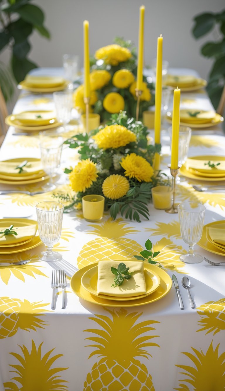 A dining table set with yellow plates and napkins, surrounded by yellow candles and yellow floral arrangements. The tablecloth features a pineapple pattern, adding a tropical theme to the setting.