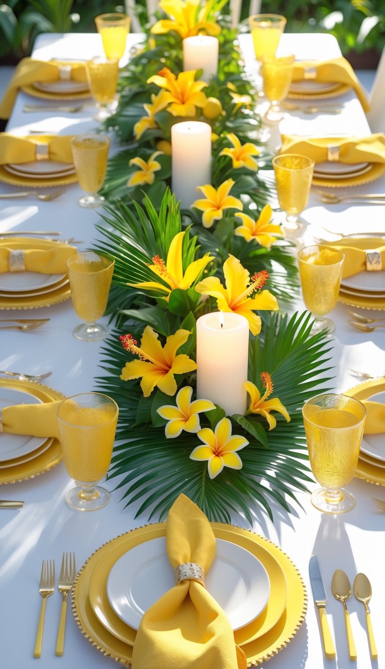 Elegant table setting featuring yellow flowers and palm leaves as a centerpiece, surrounded by white plates with gold trim, yellow napkins, and yellow glassware.