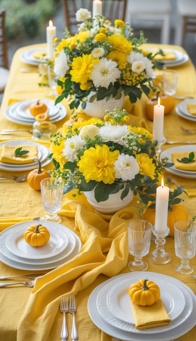 A festive table setting featuring vibrant yellow and white floral arrangements, small decorative pumpkins, and tall white candles on a yellow tablecloth.