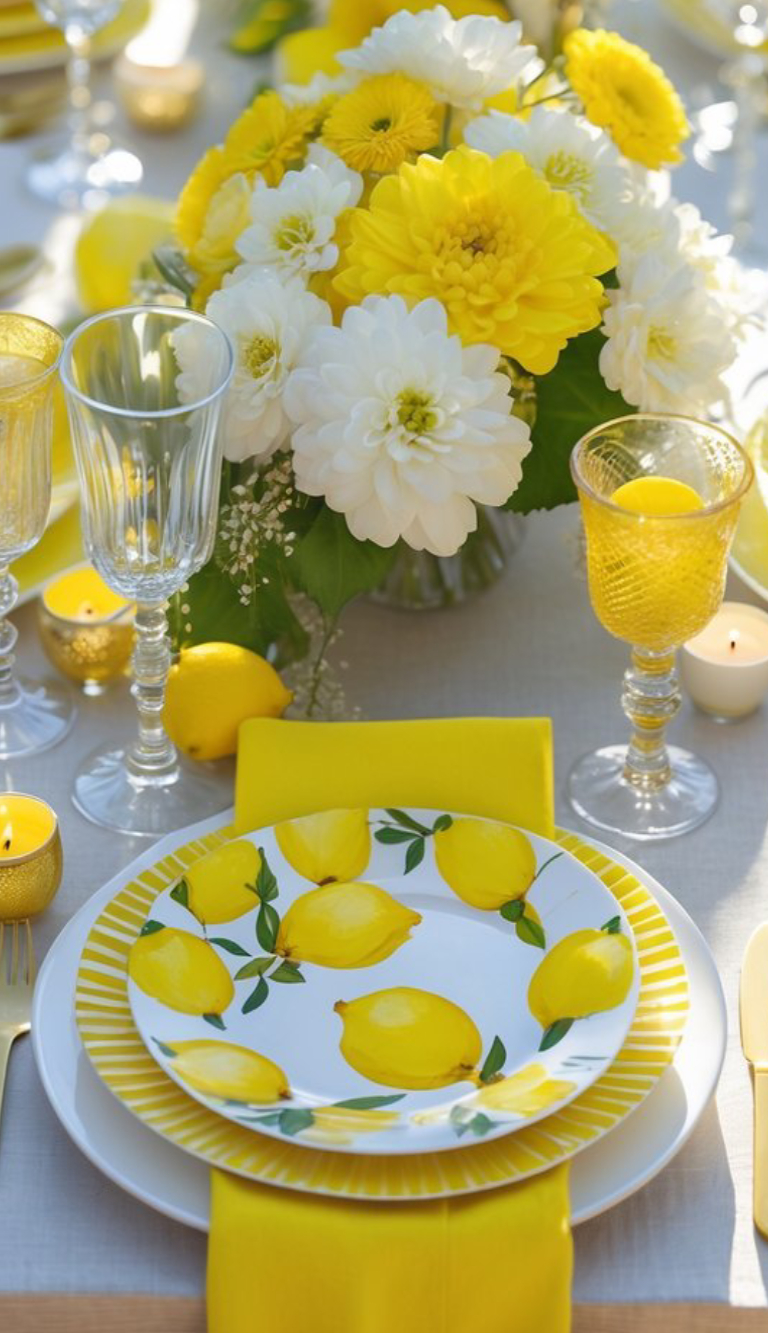 A brightly decorated table setting featuring a plate with a lemon pattern, placed on a yellow and white striped charger. Next to it are elegant glassware and yellow glasses, accompanied by a vibrant floral arrangement of white and yellow flowers. The table is adorned with small candles and lemon accents, creating a cheerful atmosphere.