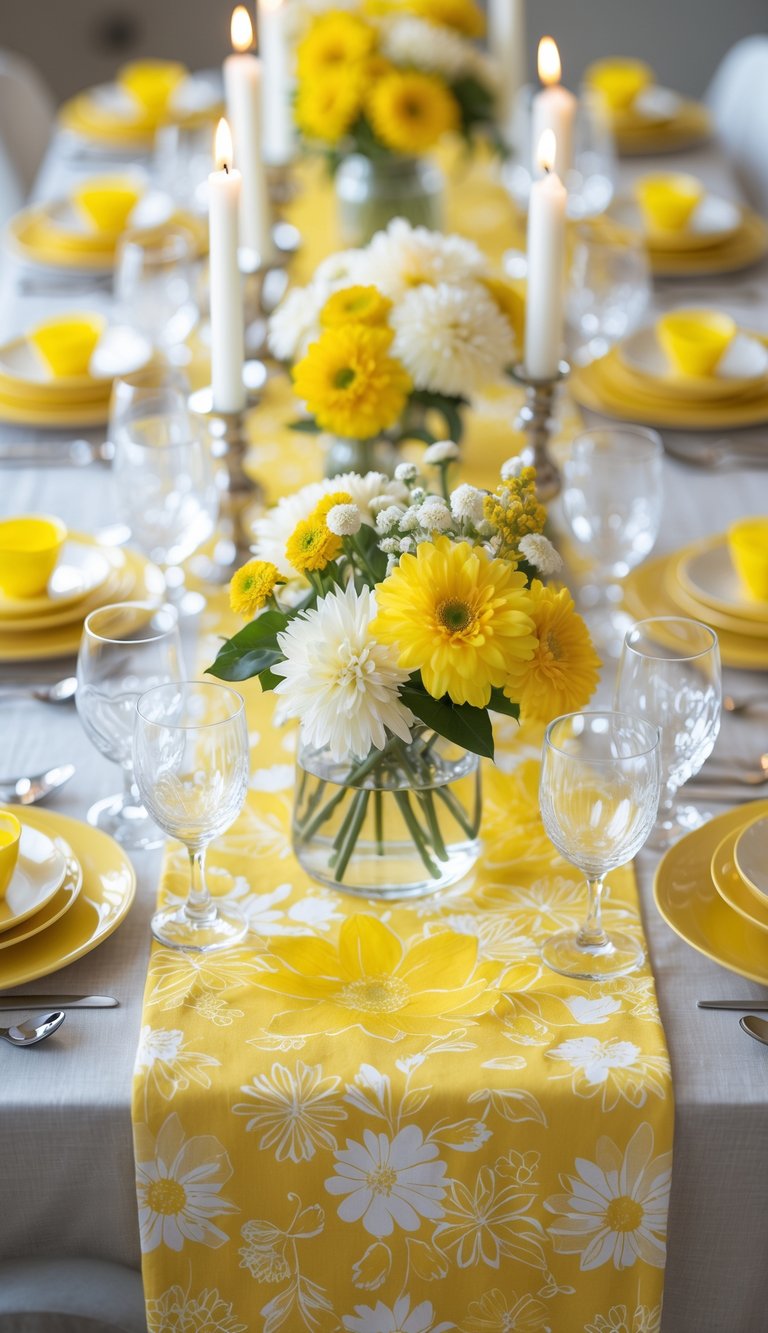 A dining table set for an occasion with a yellow and white theme, featuring yellow Gerbera daisies and white flowers in vases, surrounded by yellow and white tableware, and white candles on silver candle holders.