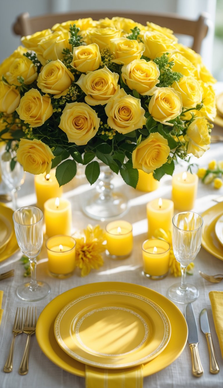 A table setting featuring a large bouquet of yellow roses in a glass vase surrounded by lit yellow candles, yellow plates with intricate borders, crystal glasses, and gold-colored cutlery on a white tablecloth.