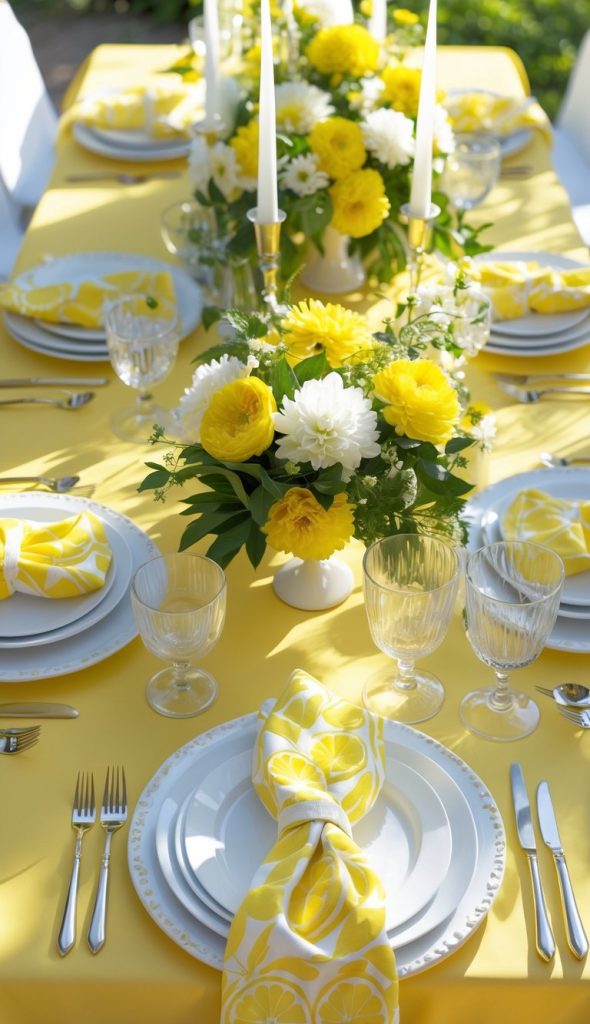 A table set for a meal with a bright yellow tablecloth, white plates, and lemon-patterned napkins. The centerpiece features a mix of yellow and white flowers in a vase, surrounded by silverware and glassware for multiple place settings.