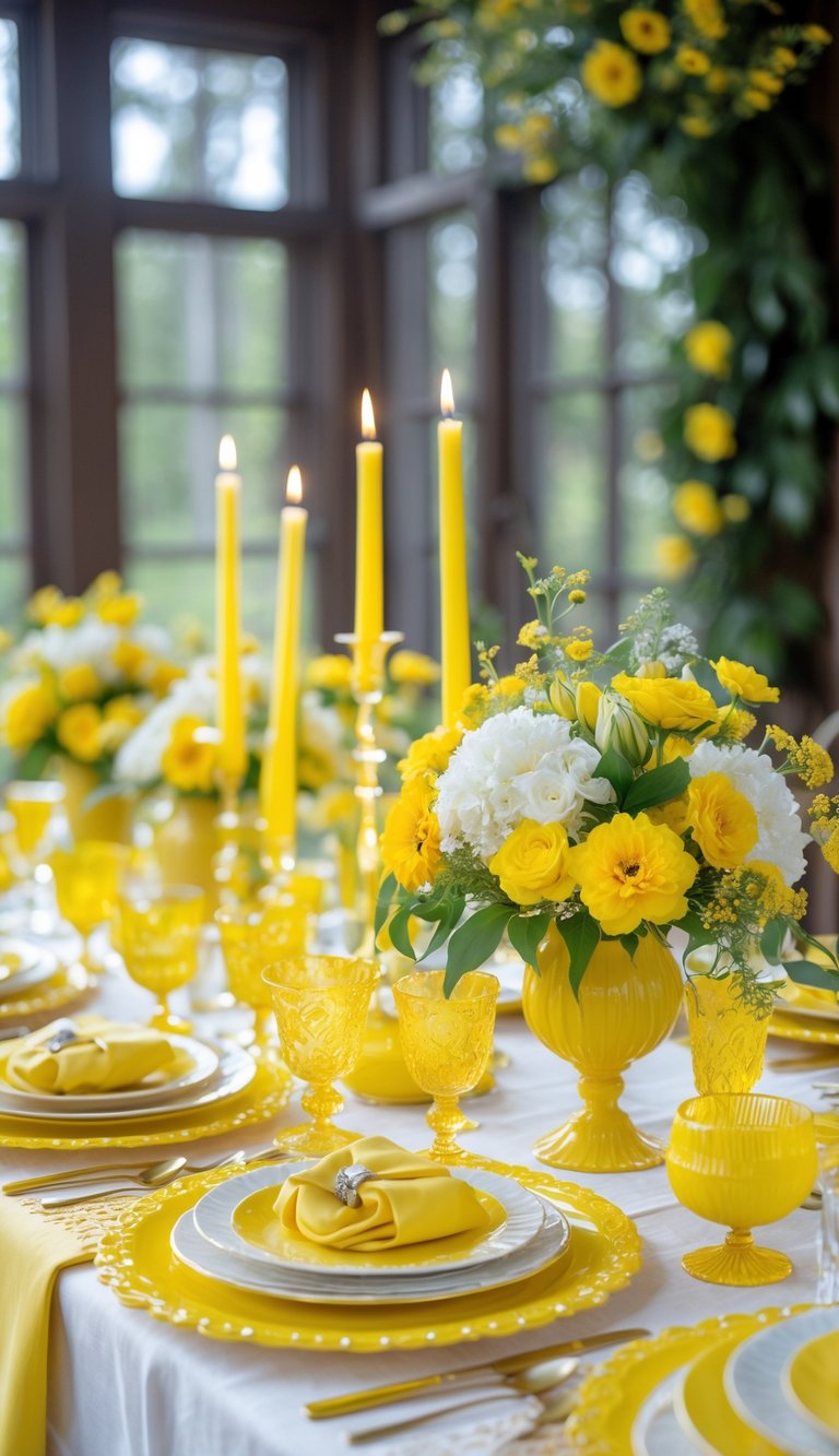 A beautifully arranged dining table featuring a yellow and white theme, with yellow glassware, yellow and white flower arrangements, and tall yellow candles on golden candlesticks. The table is set with yellow plates and yellow napkins, creating an elegant and cohesive presentation.