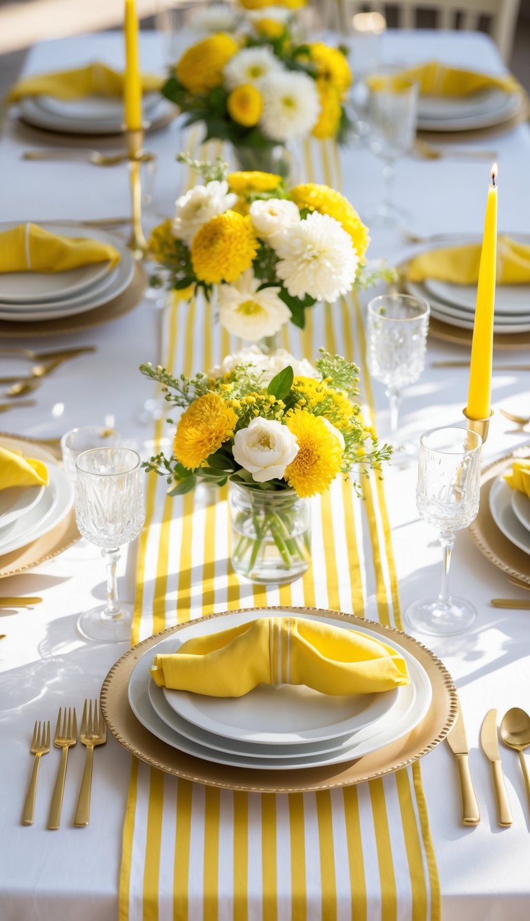 A table setting with a white tablecloth and yellow striped runner, featuring yellow and white floral centerpieces, yellow napkins folded on white plates with gold-edged chargers, crystal glasses, and yellow candles.