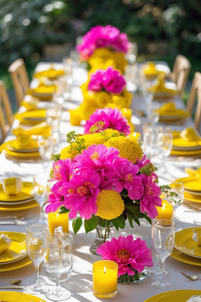 A long outdoor dining table set with vibrant pink and yellow floral arrangements, surrounded by yellow plates and napkins, with clear glassware and yellow candles accenting the setup.